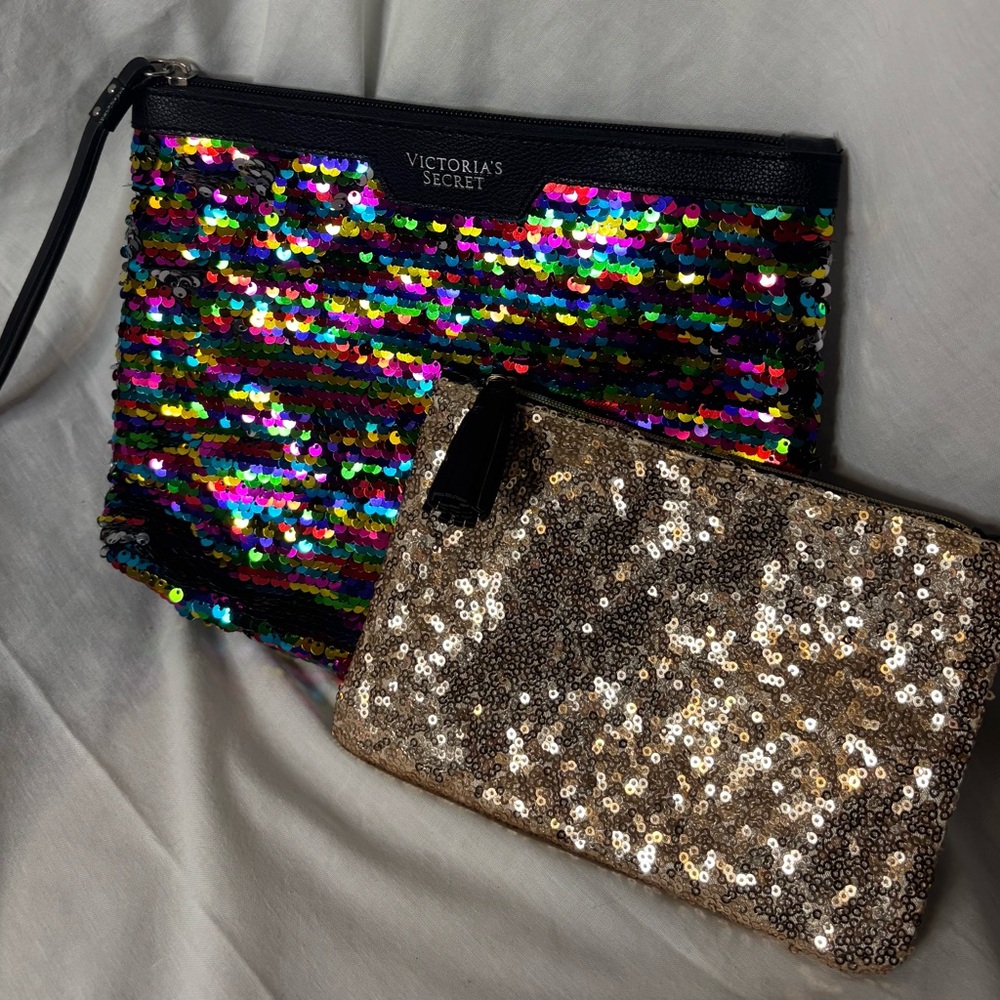 Set of 2 PINK Victoria's Secret Multicolor and Ipsy Gold Sequin Clutch Set- GUC - Picture 16 of 16